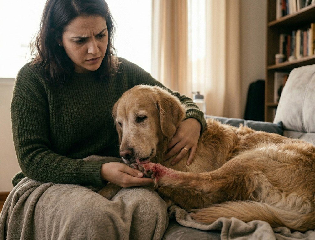 Concerned dog owner noticing irritated paw licking