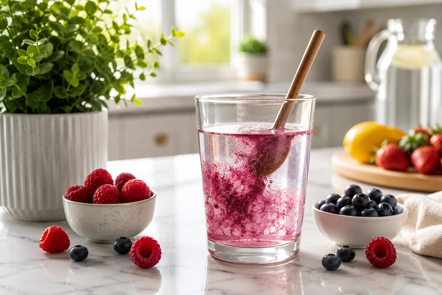 Finessa pink berry powder blend mixing easily with water in a clear glass